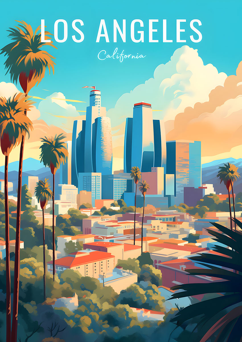 Vibrant cityscape artwork of Los Angeles with modern skyscrapers and palm trees in sunlight.